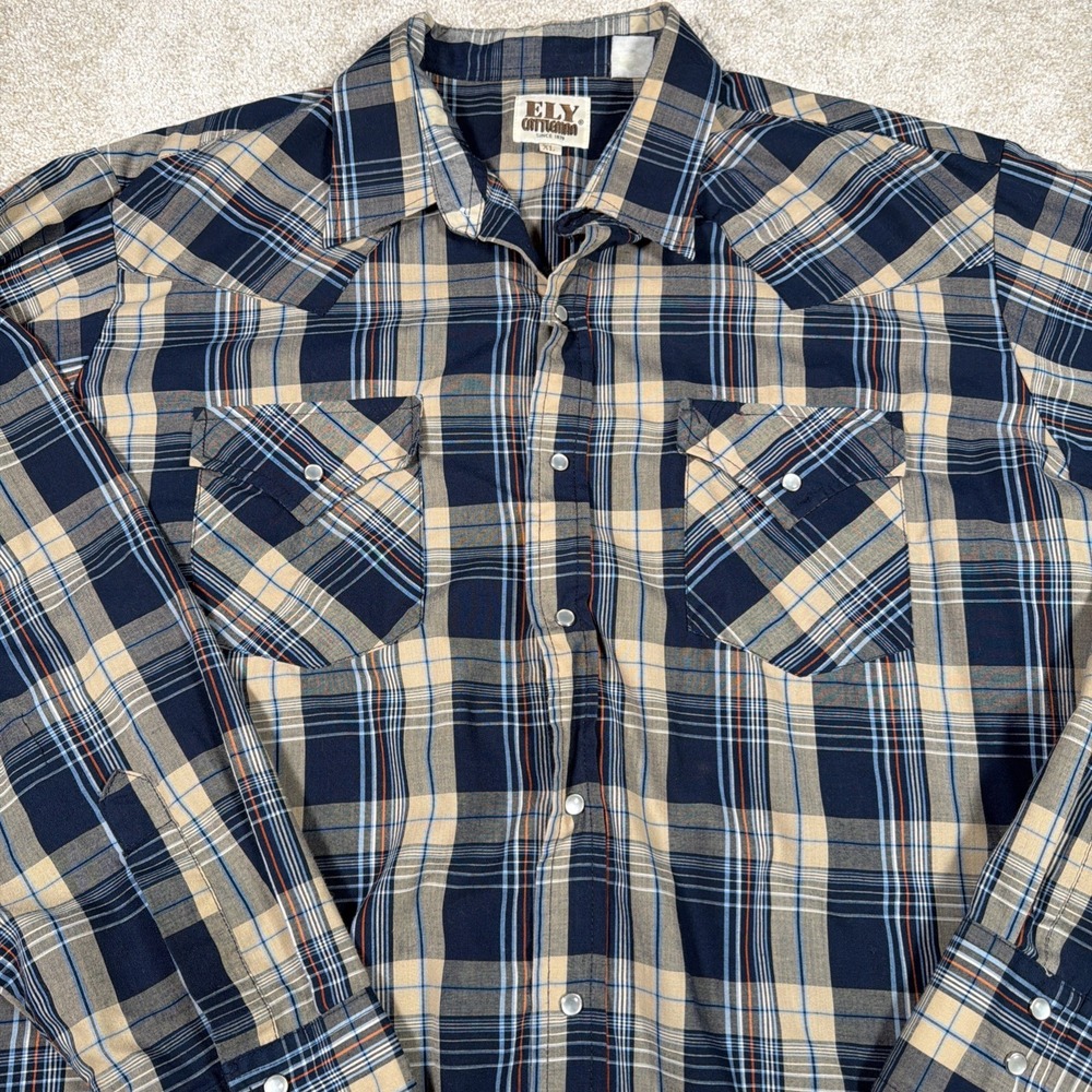 Ely Cattleman‎ Pearl Snap Button Up Shirt Mens XL Plaid Cowboy Western Ranch